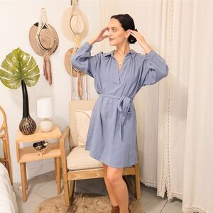 H&M Wemen's Belt Dress 100% Cotton Long Ballooon Sleeve V Neck Blue Size XS